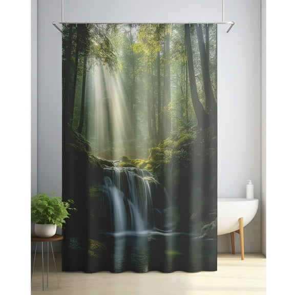 Forest Waterfall Shower Curtain, Natural and Tranquil Design, Polyester Bathroom Curtain with 12 Hooks