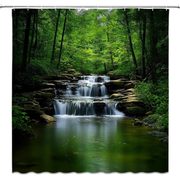 Forest Waterfall Shower Curtain Nature Green Tree Stream Tropical Rainforest Jungle Natural Scenery Fabric Bathroom Decor Set with Hooks-72"W x 72"L (Pack of 1)