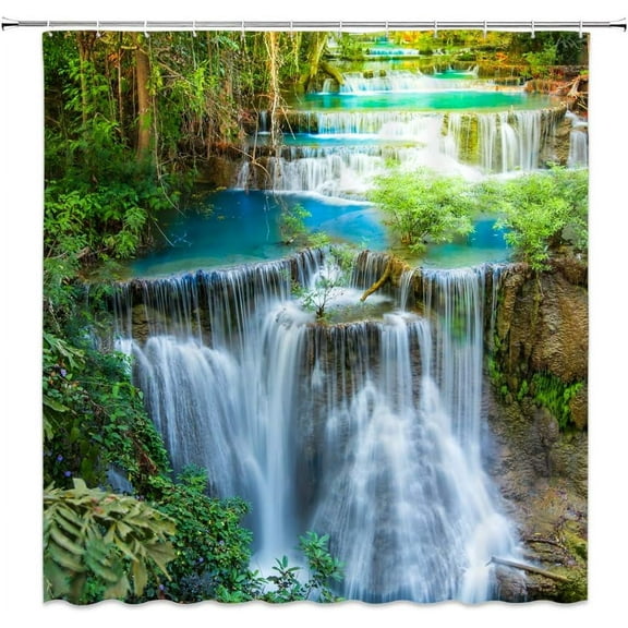 Forest Waterfall Shower Curtain Nature Rainforest Green Tree Spring Landscape Seasonal Polyester Bathroom Decor Set Include Hooks,(84" Wx70 H)