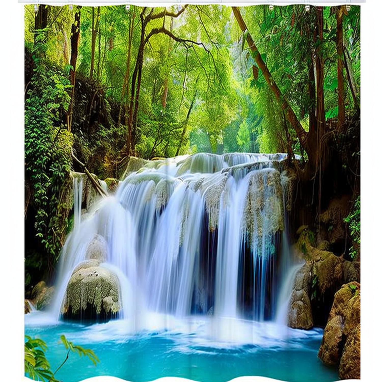 Forest Waterfall Shower Curtain Nature Scene with Cascading Blue Water
