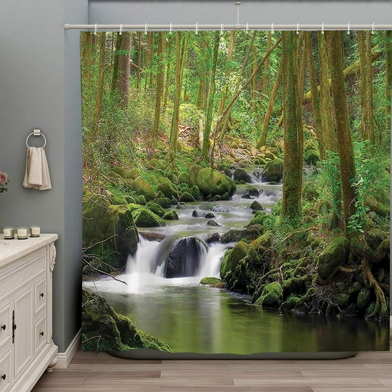 Forest Waterfall Shower Curtain Nature Scenic Green Tree Tropical Jungle Rainforest River Stone Landscape Fabric Bathroom Decor Set with Hooks