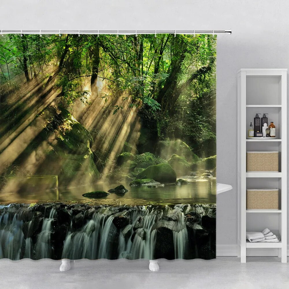 Forest Waterfall Shower Curtain Rainforest Foggy Rocky Lake Sunlight