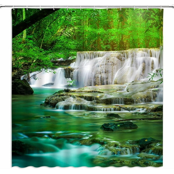 Forest Waterfall Shower Curtain – Rainforest Natural Landscape Green Trees Mossy Rocks – Tropical Jungle Spring Summer Scenery – Create a Tranquil Jungle Oasis in Your Bathroom – Decor Fabric with