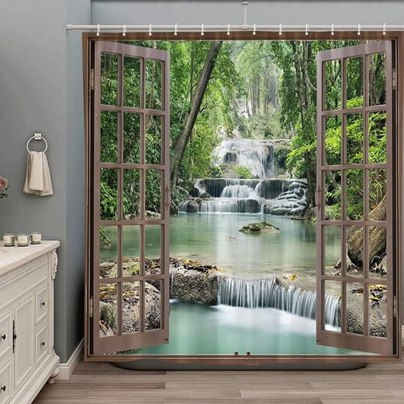 Forest Waterfall Shower Curtain Spring Nature Scenic Green Tree Tropical Jungle Rainforest River Stone Landscape Fabric Bathroom Decor Set With Hooks 36"W x 72"L