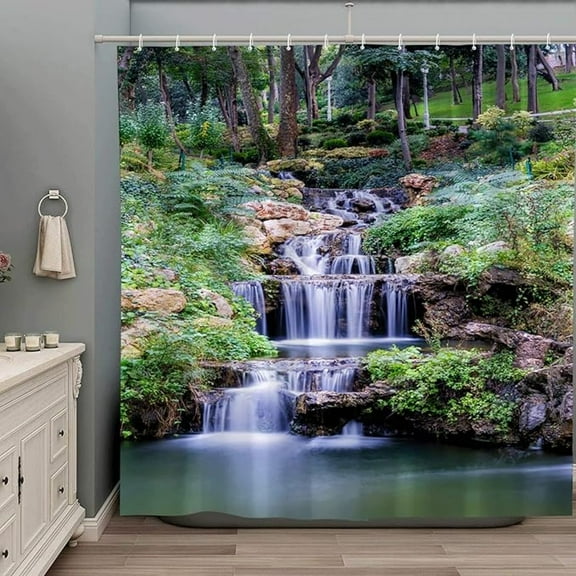 Forest Waterfall Shower Curtain Spring Nature Scenic Green Tree Tropical Jungle Rainforest River Stone Landscape Fabric Bathroom Decor Set With Hooks 65"W x 72"L