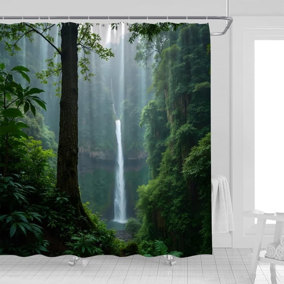 Forest Waterfall Shower Curtain Tropical Rainforest Mountain Jungle Nature Scenery Summer Landscape Fabric Bathroom Decor Curtains with Hooks-72"W x 72"L (Pack of 1)