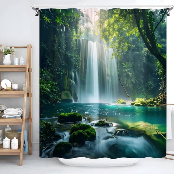 Forest Waterfall Shower Curtain Tropical Rainforest Nature Mountain Green Tree Jungle Stream Scenery Bushes Sunshine Mossy Rocks Landscape Bathroom Decor Fabric Curtain-72"W x 72"L (Pack of 1)