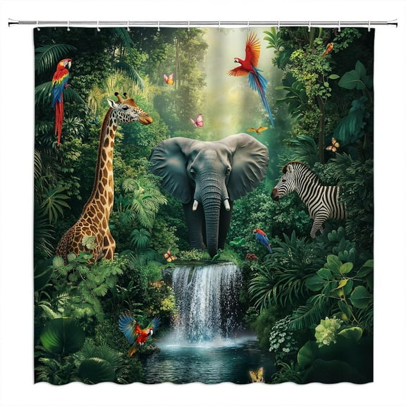 Forest Waterfall Shower Curtain Wild Animal Zebra Elephant Giraffe Parrot Nature Green Tree Waterfall Tropical Rainforest Jungle Landscape Bathroom Decor Fabric Curtain with Hooks