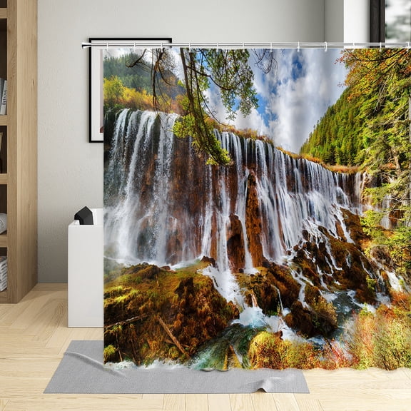 Forest Waterfall Shower Curtains Green Natural Scenery Landscape Curtain Set Bathroom Waterproof With Polyester Wall Cloth
