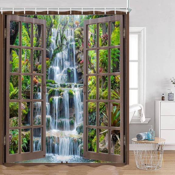 Forest Waterfall Shower Curtains Tropical Jungle Plants Natural Rainforest Landscape Bathroom Curtain Set Home Decor with