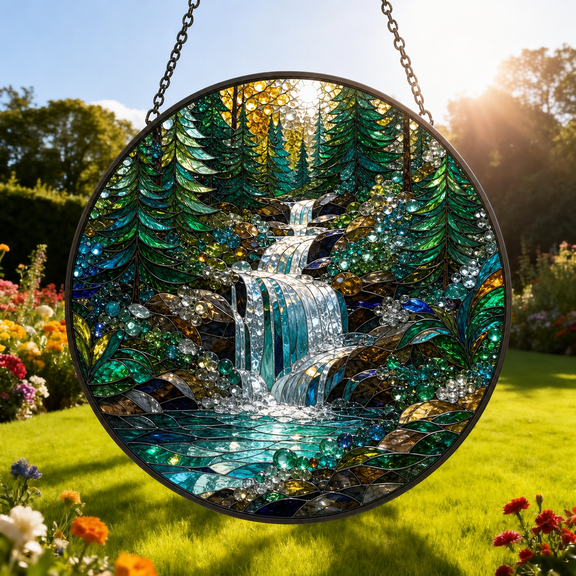 Forest Waterfall Stained Glass Suncatcher Window Hanging Gift for Mom or Nature Lover