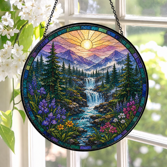 Forest Waterfall Stained Glass Suncatcher Window Hanging Gift for Nature Lovers
