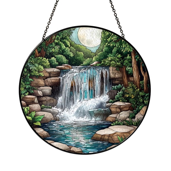 Forest Waterfall Stained Glass Window Panel – Decorative Accent
