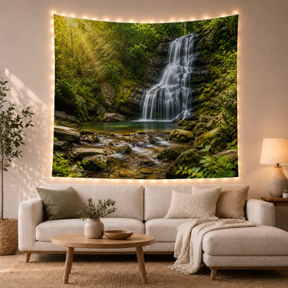 Forest Waterfall in a Sunlit Grotto, Peaceful Digital Art for Nature Lovers, Wilderness Decor, Housewarming Gift, Tapestry Wall Hanging for Bedroom and Living Room