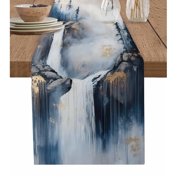 Forest Waterfall Table Runner-Cotton Linen- 36 Inch Holiday Dresser Scarves, Nature Fog Tree Mountain Painting Art Tablerunner for Kitchen Coffee/Dining Bedroom Living Room Dinner Scarf Décor 13x36