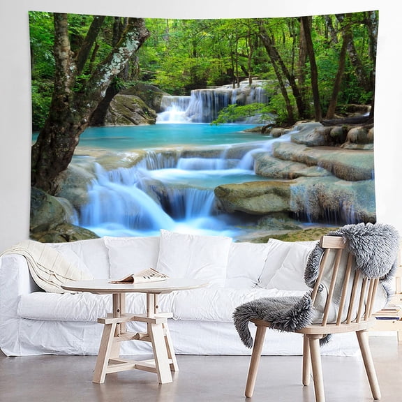 Forest Waterfall Water Print Fabric Tapestry Decorative Wall Art Tablecloth Bedspread Picnic Blanket Beach Throw Blanket Multifunctional for Bedroom Hall Dormitory Living Room Hanging 59 x 51 inches