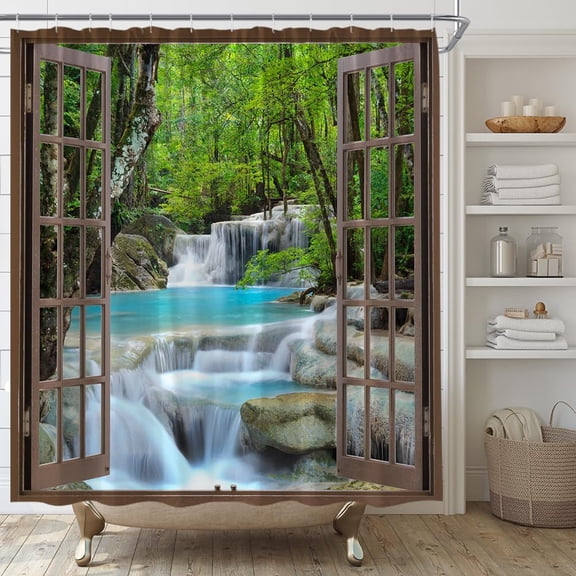 Forest Waterfall Waterproof Shower Curtain Vivid Nature Rainforest Jungle Scenery Throught Brown Window Fabric Bathroom Decor Set Include Hooks 72"W x 72"L (Pack of 1)