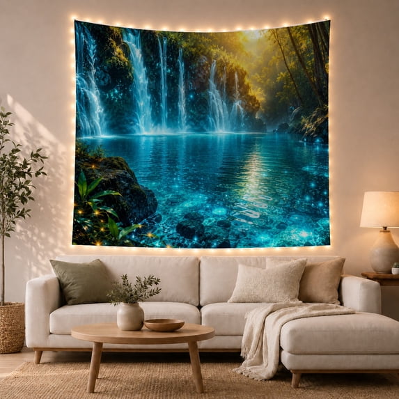 Forest Waterfalls Cascading Into Luminous Pool, Serene Fantasy Style for Nature Lovers, Waterfall Wall Decor Housewarming Gift, Tapestry Wall Hanging for Bedroom and Living Room