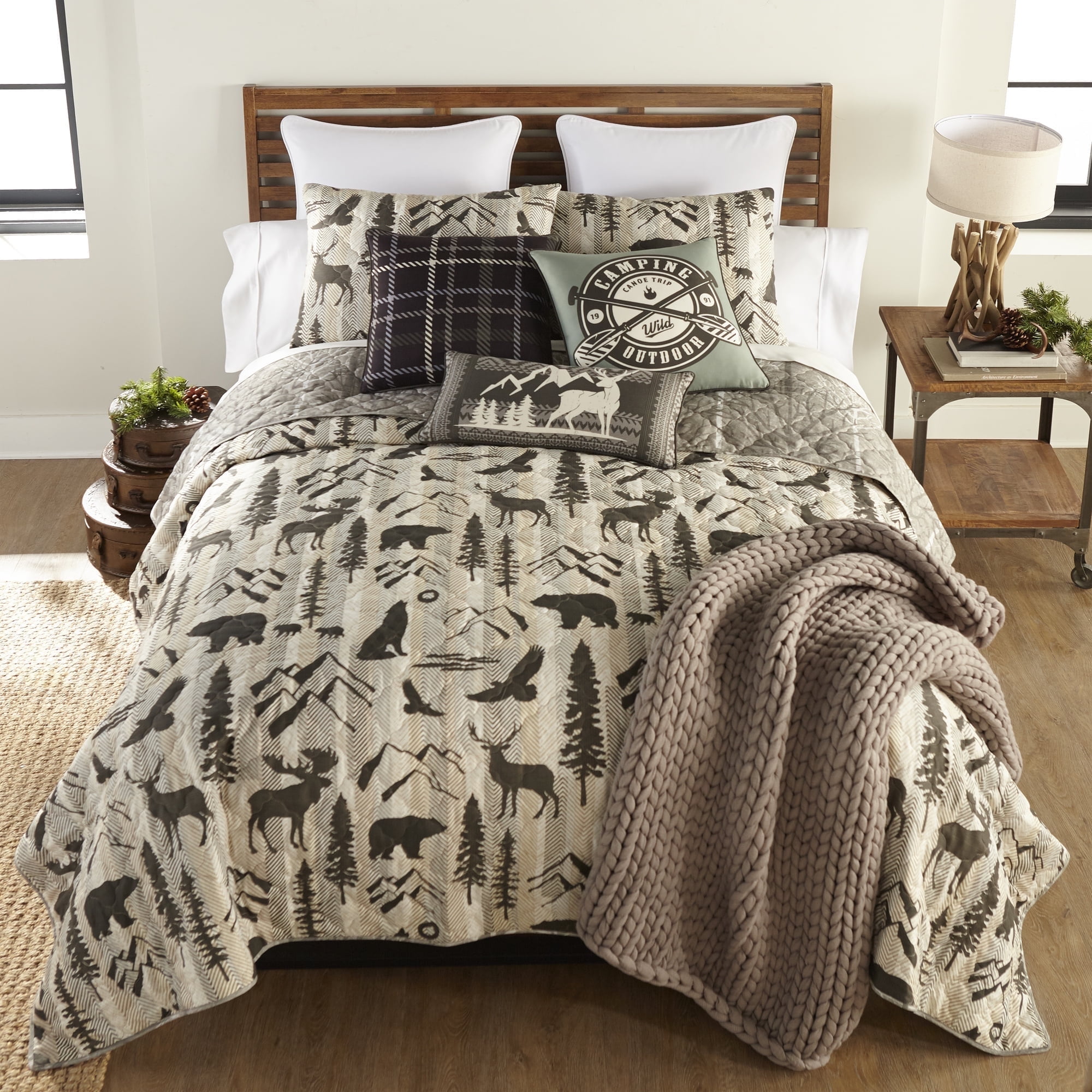 Ivory and Chocolate Wildlife Reversible Queen Microfiber Quilt Set