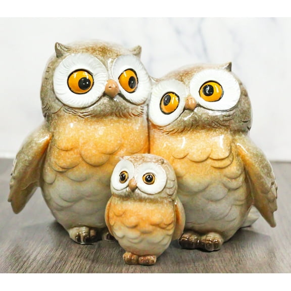 Forest Whimsical Mother Father Owls And Baby Owlet Family Trio Figurine