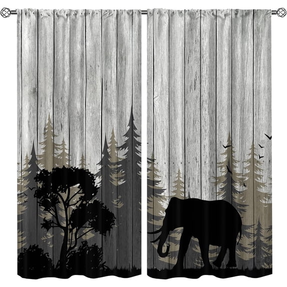 Forest Wild Animal Elephant Window Curtains Treatments, Retro Rustic Wooden Board Style Blackout Rod Pocket Window Drapes, Breathable Foldable Window Shades for Living Room Bedroom-W42xL54in