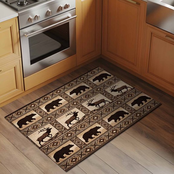 Forest Wild Animals 2x3 Rug for Entryway Front Door Kitchen Sink Area, Brown Vintage Bohemian Bear Deer Geometric Plaid Low Pile Washable Non Slip Rectangle Area Rug