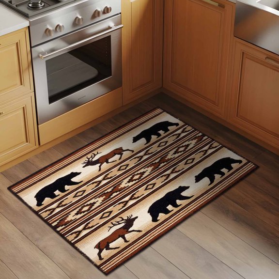 Forest Wild Animals 2x3 Rug for Entryway Front Door Kitchen Sink Area, Ethnic Vintage Bear Deer Brown Geometric Plaid Low Pile Washable Non Slip Rectangle Area Rug
