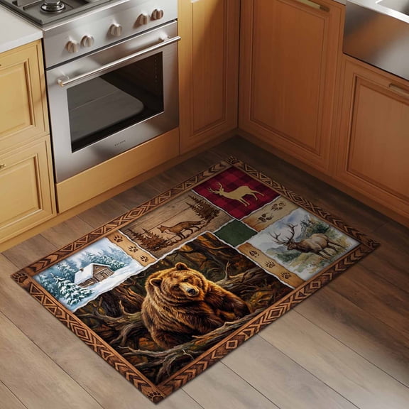 Forest Wild Animals 2x3 Rug for Entryway Front Door Kitchen Sink Area, Farmhouse Bear Wolf Deer Footprints Red Plaid Low Pile Washable Non Slip Rectangle Area Rug