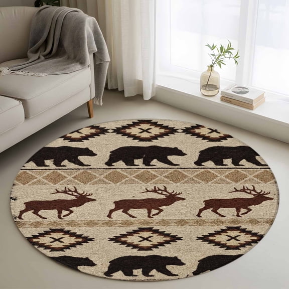 Forest Wild Animals 3FT Round Area Rugs Vintage Bohemian Ethnic Bear Deer Geometric Plaid Soft Small Round Rug Non-Slip, Ultra-Thin Indoor Circle Carpet for Bedroom Entryway Kitchen Bathroom