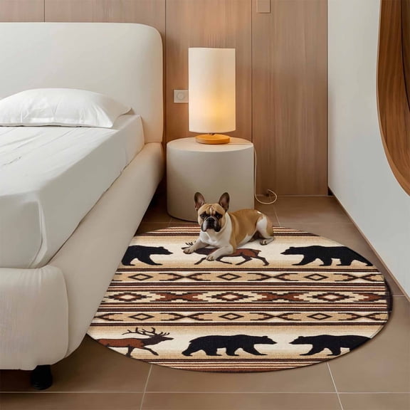 Forest Wild Animals 3ft Round Rug for Bathroom Accent Bedside Corner, Ethnic Vintage Bear Deer Brown Geometric Plaid Washable Non Slip Circle Area Rug for Small Spaces
