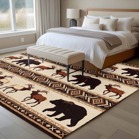 Forest Wild Animals 6x9 Rug for Dining Room Table and Chair Setup, Bohemian Ethnic Bear Deer Geometric Plaid Low Pile Washable Non Slip Rectangle Area Rug