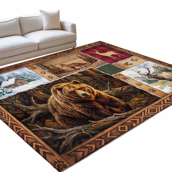 Forest Wild Animals 6x9ft Non Slip Area Rug Farmhouse Bear Wolf Deer Footprints Red Plaid Washable Soft Area Rugs for Living Room, Indoor Circle Carpet for Bedroom Dining Room Kitchen