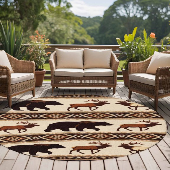 Forest Wild Animals 8ft Round Rug for Open Concept Living Room Seating Zone, Bohemian Ethnic Bear Deer Geometric Plaid Washable Non Slip Large Circle Area Rug