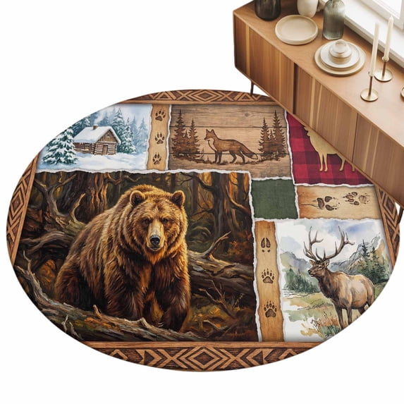 Forest Wild Animals Area Rugs 5' (Round) Farmhouse Bear Wolf Deer Footprints Red Plaid Floor Rug Non Slip Low Pile Ultra Soft Throw Carpet for Entryway Indoor Entrance Kitchen Bathroom