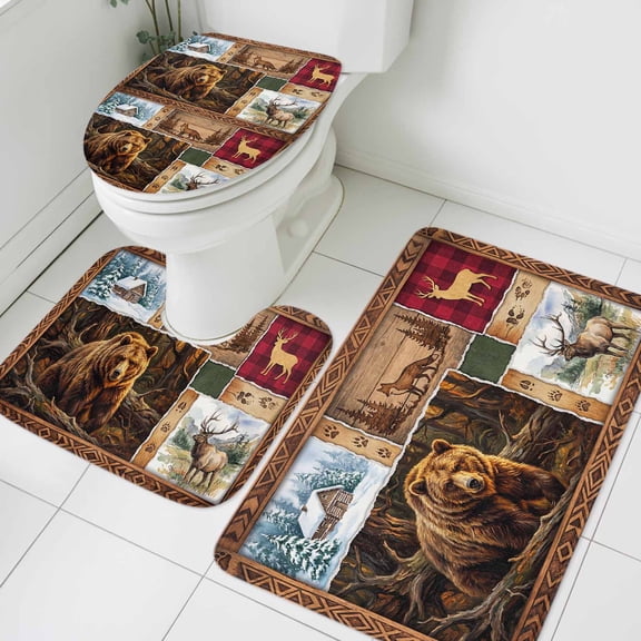 Forest Wild Animals Bathroom Rugs Set Farmhouse Bear Wolf Deer Footprints Red Plaid Non Slip Absorbent Soft Bath Mats 3 Piece Set with Bathroom Rug, U-Shaped Floor Mat, Toilet Seat Cover Small Size