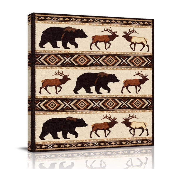 Forest Wild Animals Canvas Wall Art for Living Room, Bohemian Ethnic Bear Deer Geometric Plaid Wall Decor Framed Artwork Pictures Ready to Hang for Bedroom Office Home Decor