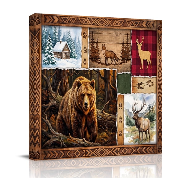 Forest Wild Animals Canvas Wall Art for Living Room, Farmhouse Bear Wolf Deer Footprints Red Plaid Poster Print Painting for Bedroom Office Home Decoration Wall Pictures Prepare To Hang 12"x12"