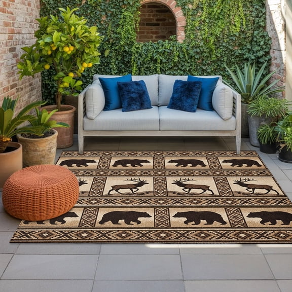 Forest Wild Animals Indoor Outdoor Rugs 3x5 Ft, Brown Vintage Bohemian Bear Deer Geometric Plaid Outdoor Patio Rugs Mat Washable Outside Area Rugs Carpet for Porch Deck RV Camping Pool Balcony