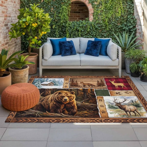 Forest Wild Animals Indoor Outdoor Rugs 3x5 Ft, Farmhouse Bear Wolf Deer Footprints Red Plaid Outdoor Patio Rugs Mat Washable Outside Area Rugs Carpet for Porch Deck RV Camping Pool Balcony Backyard