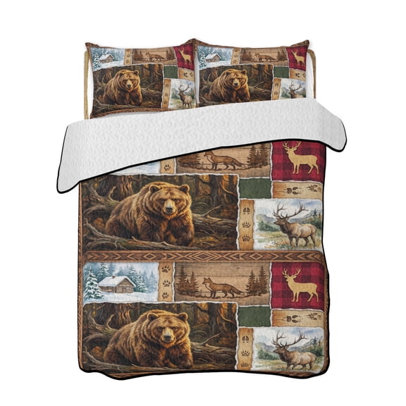 Forest Wild Animals Quilts Bedding Set California King Farmhouse Bear Wolf Deer Footprints Red Plaid Lightweight Quilted Bedspread 3 Piece Bed Quilt with 2 Pillow Shams for Bedroom 96" x 106"