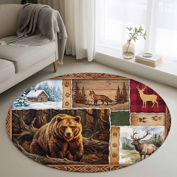 Forest Wild Animals Round Rugs for Living Room 3ft Farmhouse Bear Wolf Deer Footprints Red Plaid Non Slip Circle Rug Washable Low-Profile Indoor Carpet for Bedroom, Dining Room, Bathroom