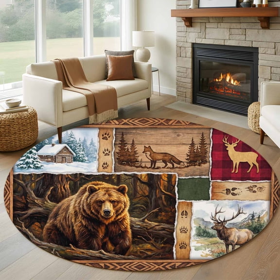 Forest Wild Animals Round Rugs for Living Room 6ft Farmhouse Bear Wolf Deer Footprints Red Plaid Non Slip Circle Rug Washable Low-Profile Indoor Carpet for Bedroom, Dining Room, Bathroom