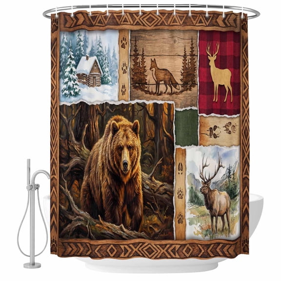 Forest Wild Animals Shower Curtain for Bathroom, Farmhouse Bear Wolf Deer Footprints Red Plaid Waterproof Cloth Fabric Bathroom Accessories Set with 9 Rust Proof Plastic Hooks, 36"x72"