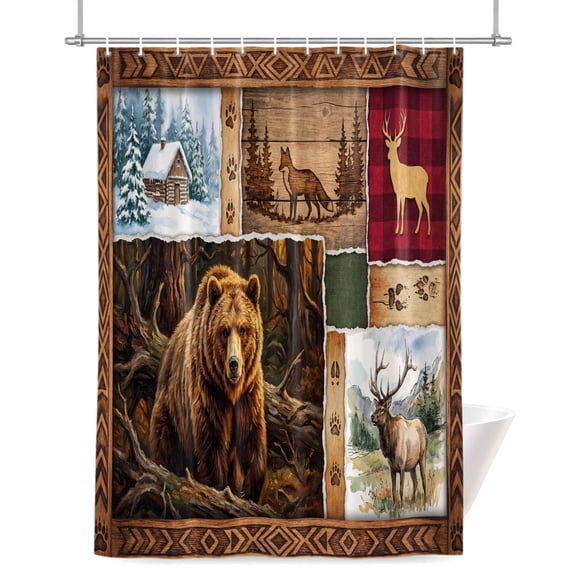 Forest Wild Animals Shower Curtains for Bathroom, Farmhouse Bear Wolf Deer Footprints Red Plaid Waterproof Fabric Shower Curtain for Bathroom Bathtub Decoration, Machine Washable 36"x72"