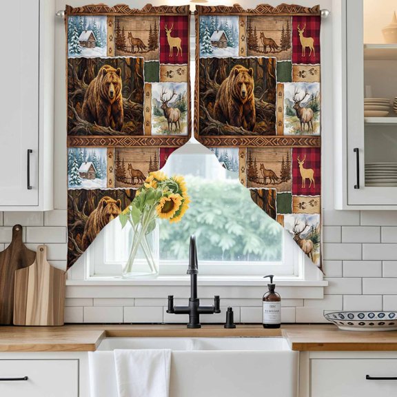 Forest Wild Animals Swag Curtain Valance for Windows, Farmhouse Bear Wolf Deer Footprints Red Plaid Window Treatments Short Swag Topper for Kitchen Windows Bathroom Bedroom, 28"x36"