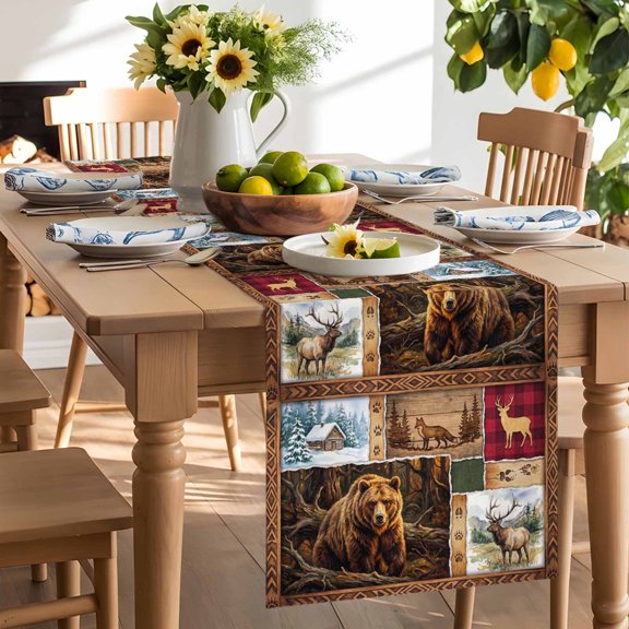 Forest Wild Animals Table Runner, Farmhouse Bear Wolf Deer Footprints Red Plaid Washable Kitchen Table Runners Dress Scarves for Dining Table Decorations Party/Restaurant/Indoor Outdoor Use, 13x36in