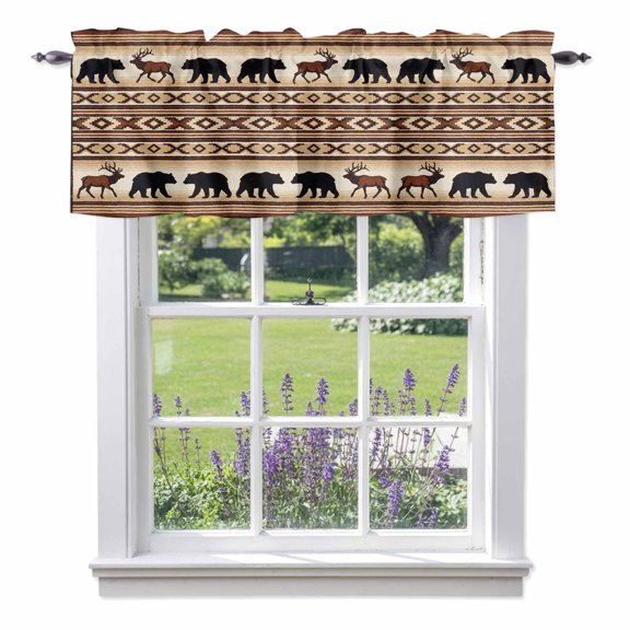 Forest Wild Animals Valances for Windows Ethnic Vintage Bear Deer Brown Geometric Plaid Rod Pocket Cafe Window Treatments Valance Curtains for Kitchen Bathroom Laundry Basement Windows 60"x18"