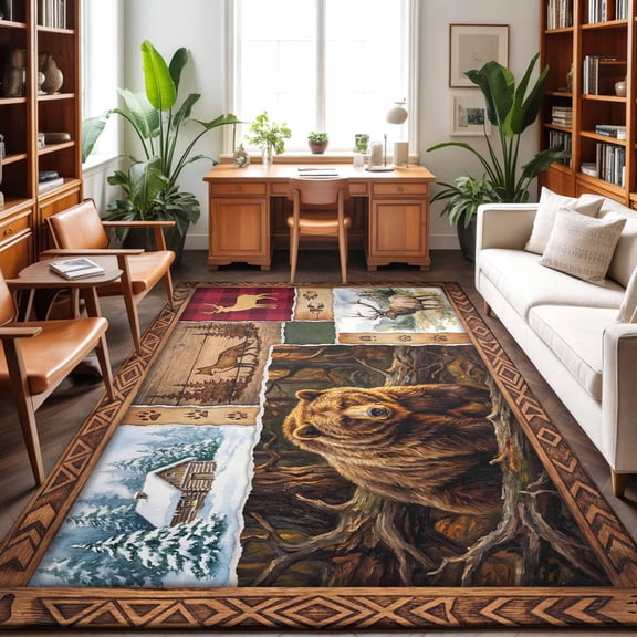 Forest Wild Animals Washable Area Rug 9 x 12 ft Farmhouse Bear Wolf Deer Footprints Red Plaid, Soft Non Slip Rugs Stain Repellent Indoor Felt Carpet for Living Dining Room Bedroom Home Office
