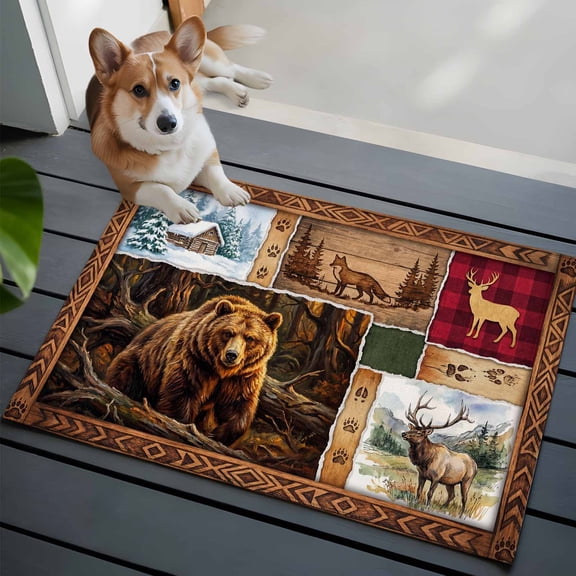 Forest Wild Animals Washable Entry Rug 2x3 Farmhouse Bear Wolf Deer Footprints Red Plaid Low Pile Indoor Door Mat with Rubber Backing Thin Area Rug for for Entrance, Bedroom, Kitchen, Bathroom