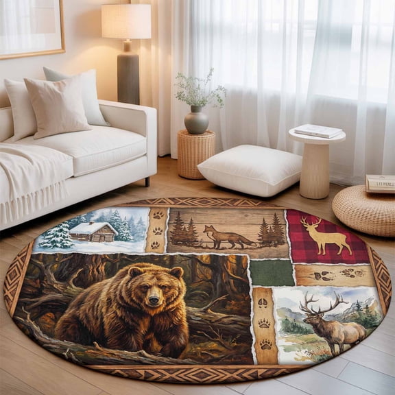 Forest Wild Animals Washable Round Area Rug 7 ft, Farmhouse Bear Wolf Deer Footprints Red Plaid, Soft Non Slip Rugs Stain Repellent Indoor Felt Carpet for Living Dining Room Bedroom Home Office